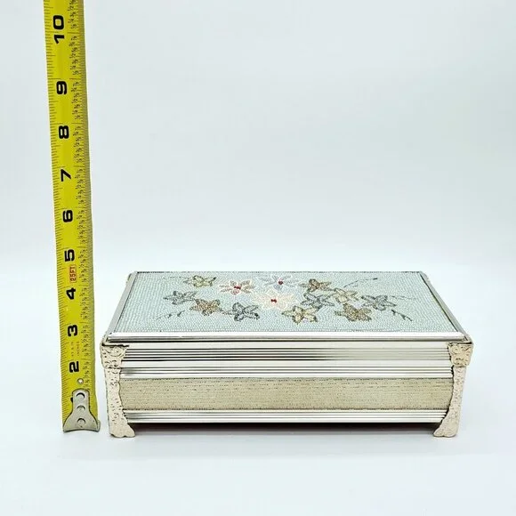 Vintage Schmid Bros Musical Jewelry Box Floral Beaded Blue Honey Tune Trinket